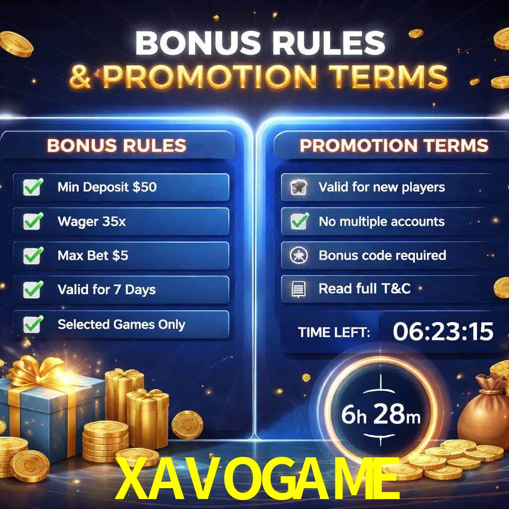 Reglas de promoción XAVOGAME y condiciones de bonos explicadas visualmente