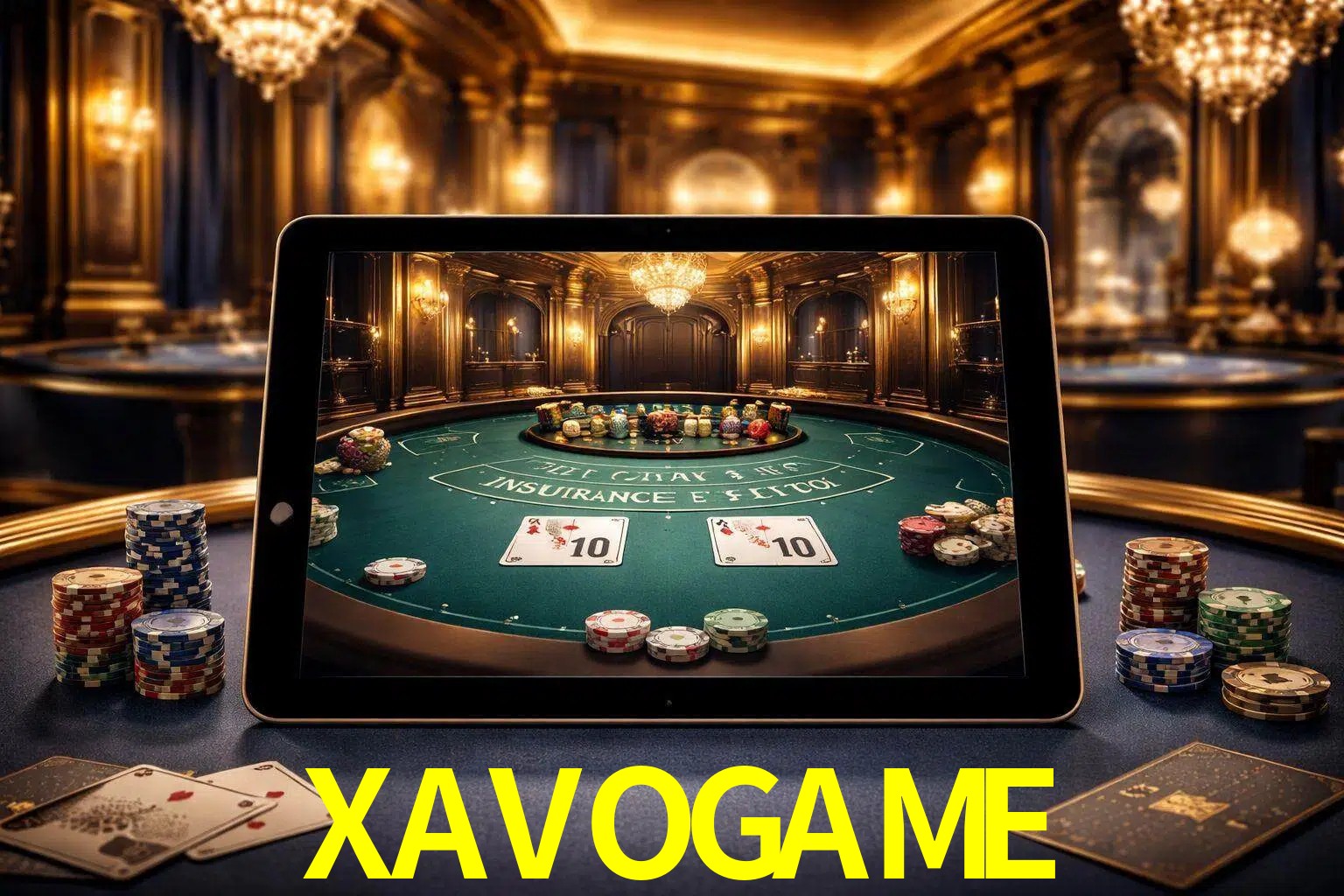 Configuración moderna de casino en vivo con una tableta mostrando una mesa de blackjack, luces cálidas de estudio y una atmósfera elegante de juegos digitales.