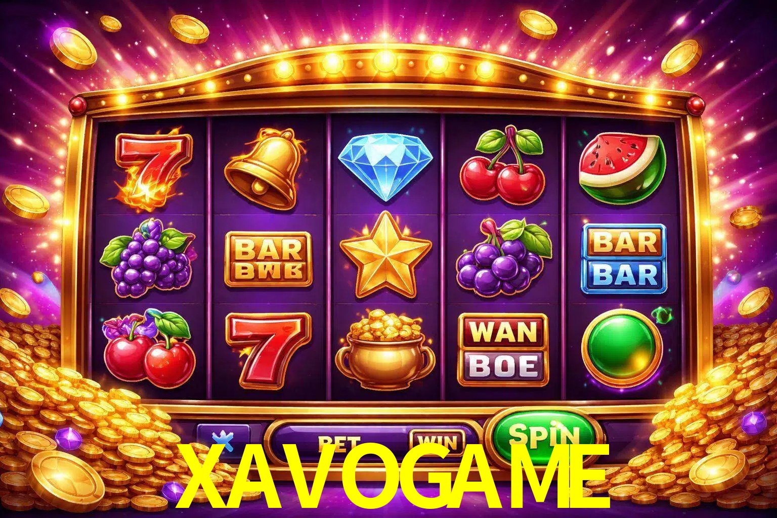Una interfaz colorida de tragamonedas en línea con símbolos brillantes, monedas y un efecto de victoria celebratoria en XAVOGAME.