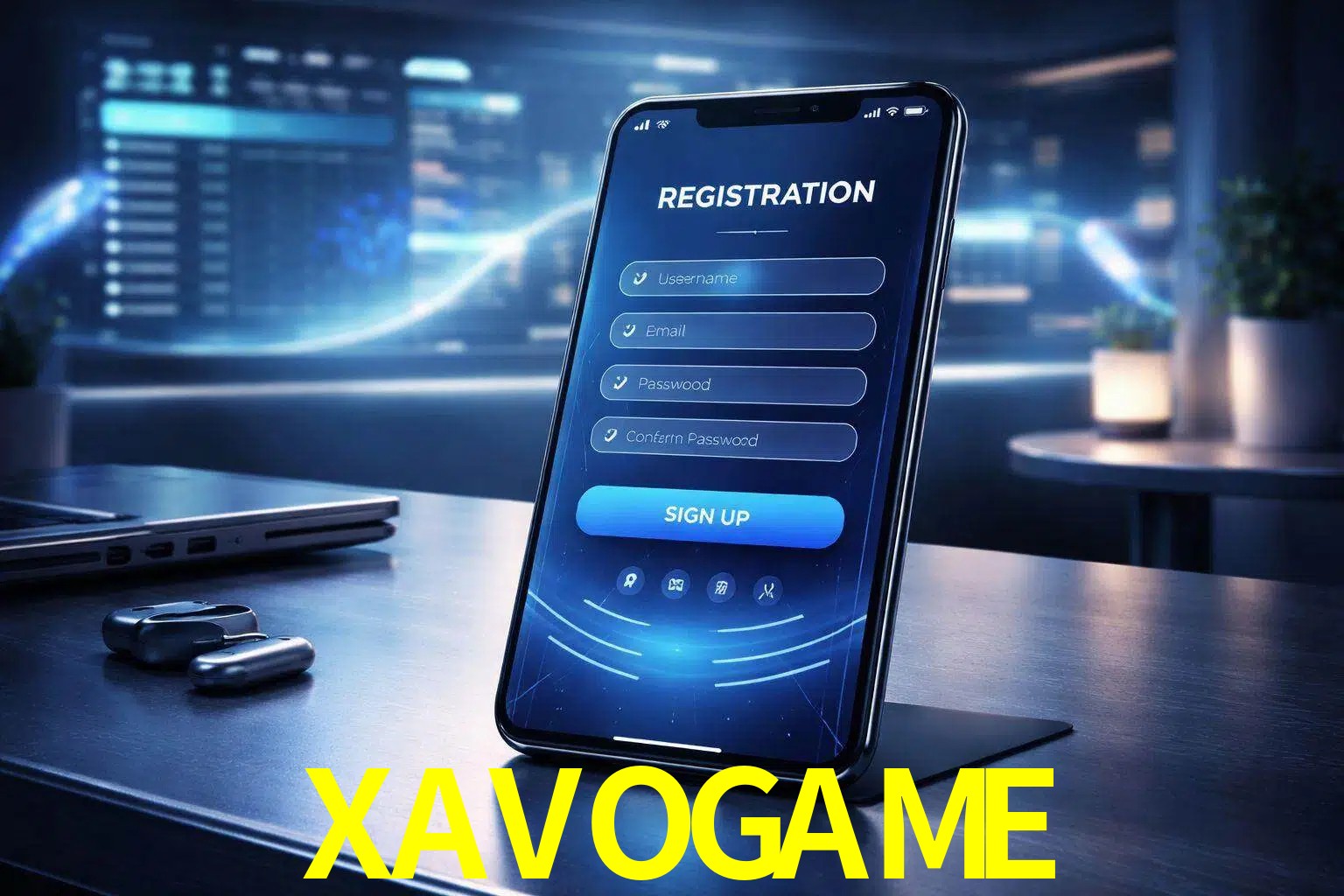 Una interfaz moderna de registro móvil para XAVOGAME mostrada en un smartphone con un panel de apuestas elegante.